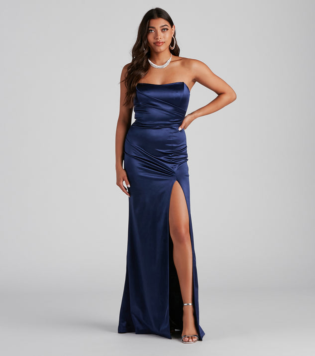 Gianna Strapless High-Slit Satin Dress ...